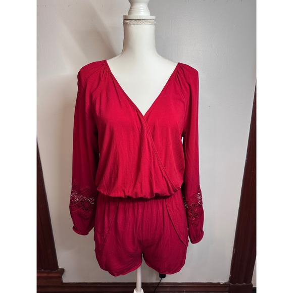 Express Pants - Express Red Long Sleeve Crochet Lace Surplice Romper Size Medium Tassel Back Tie